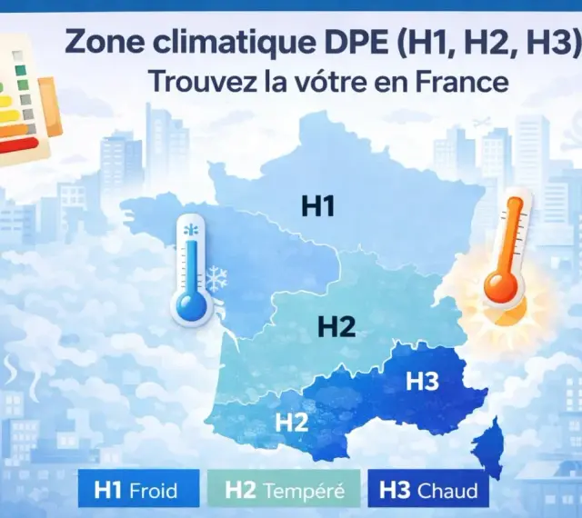 Carte de France divisée en zones climatiques DPE : H1 (Froid), H2 (Tempéré) et H3 (Chaud). Thermomètres symbolisant le froid et la chaleur.