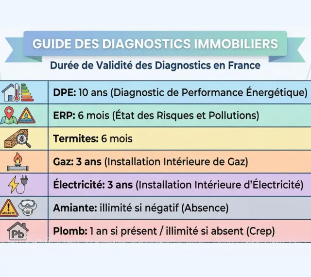 Guide des diagnostics immobiliers : combien de temps dure un diagnostic énergétique (DPE) ? 10 ans. D'autres diagnostics ont des durées plus courtes.
