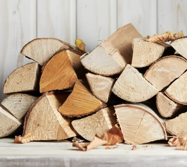 Un tas de bois de chauffage, prêt pour l'hiver. Le charme rustique du bois sec promet des soirées douillettes.