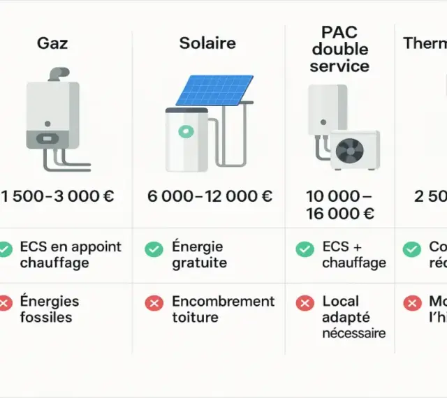 Comparatif des systèmes de chauffage : électrique, gaz, solaire, PAC double service et thermodynamique. Le chauffe eau thermodynamique est une option intéressante pour le dispositif Prime Renov.