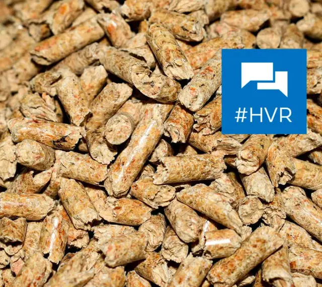 Gros plan sur une **composition de pellets** de bois, combustibles écologiques. Un logo bleu avec le hashtag #HVR est superposé.