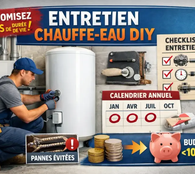 Un homme effectue l'entretien d'un chauffe-eau. Un calendrier et une tirelire indiquent un budget annuel <100€.