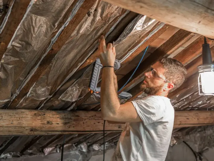 Un homme pose une isolation réfléchissante sous les chevrons. Il utilise une agrafeuse pour fixer le matériau. Ce chantier pourrait être éligible à un pret travaux CAF.
