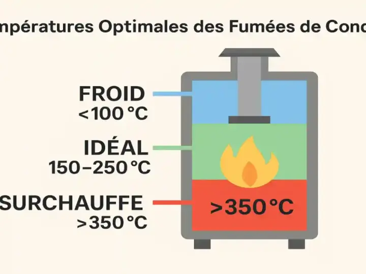 Diagramme montrant les températures idéales pour le rendement d'un poêle à bois : froid (<100°C), idéal (150-250°C) et surchauffe (>350°C).