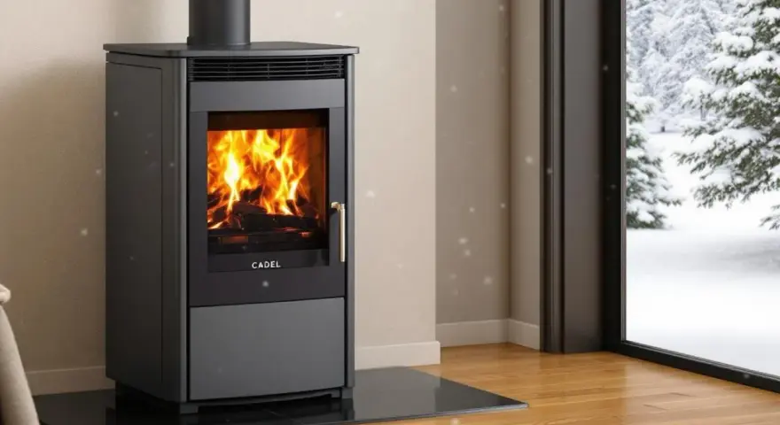 Poêle à bois Cadel en feu, avec une vue sur un paysage enneigé. L'alarme pressostat assure un fonctionnement sûr.