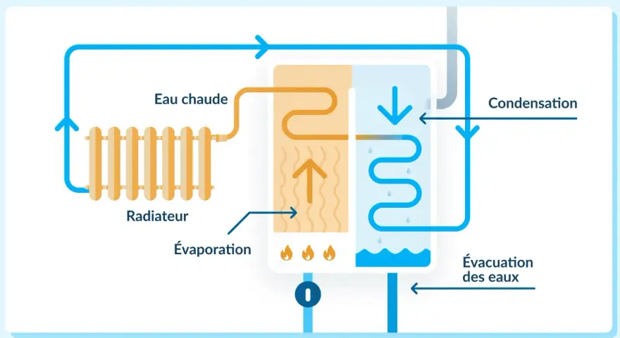 Schéma expliquant le fonctionnement d'une chaudière à condensation : circulation d'eau chaude vers un radiateur, évaporation, puis condensation et évacuation des eaux.