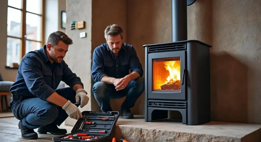 Deux hommes travaillent sur un poêle Invicta allumé, avec une boîte à outils ouverte.