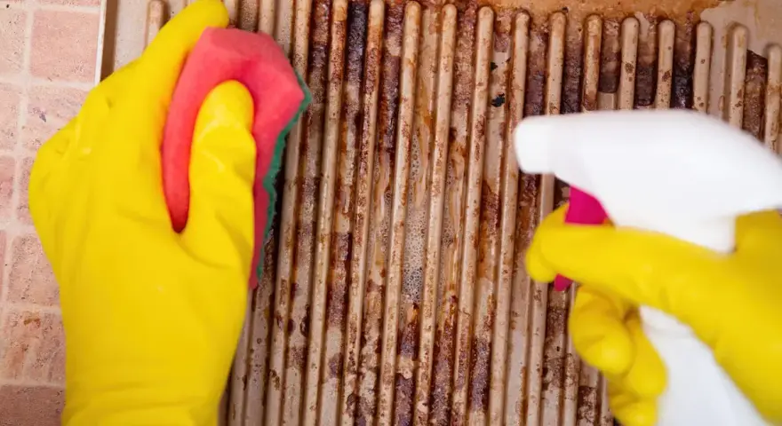 Gants jaunes, éponge et spray pour apprendre comment nettoyer le dessus d'une cuisinière en fonte.