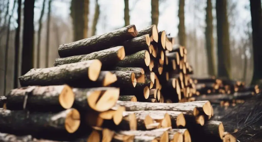 Un tas de frêne bois de chauffage empilé dans une forêt brumeuse, prêt pour l'hiver.