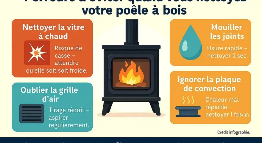 Infographie sur l'entretien d'un poêle à bois. Évitez 4 erreurs : nettoyer la vitre à chaud, mouiller les joints, oublier la grille d'air, ignorer la plaque de convection. Un bon entretien assure un poêle performant.