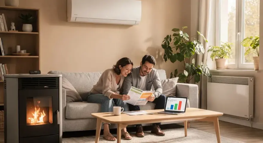 Un couple examine des factures près d'un poêle à granulés, symbole d'un chauffage économique et écologique.
