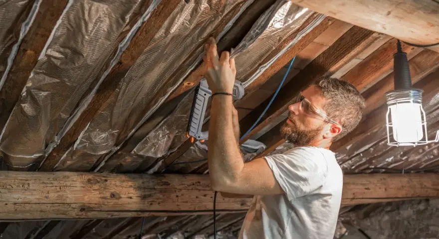 Un homme pose une isolation réfléchissante sous les chevrons. Il utilise une agrafeuse pour fixer le matériau. Ce chantier pourrait être éligible à un pret travaux CAF.
