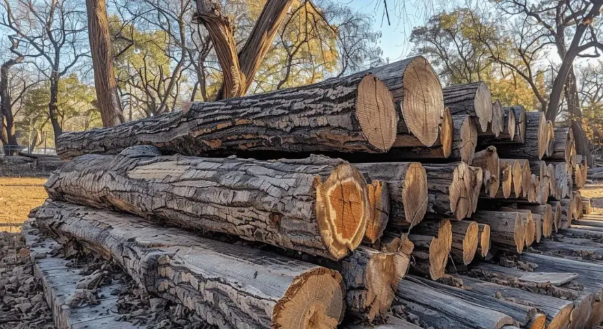 Gros troncs de bois d'acacia empilés, prêts pour le feu de camp. Leurs cernes révèlent leur âge.