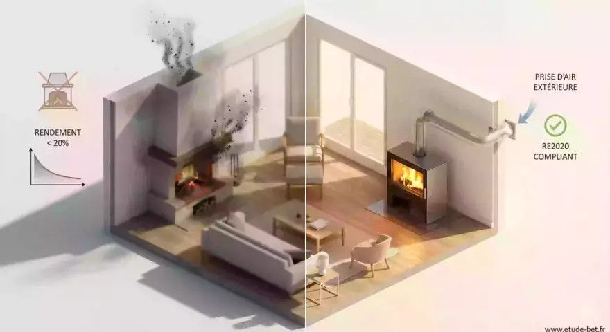 Comparaison : poêle à bois sans prise d'air extérieure (fumée, faible rendement) vs poêle moderne avec prise d'air extérieure (conforme RE2020).