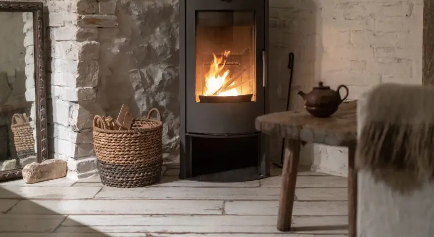 Poêle à bois moderne avec feu allumé, panier de bois, table rustique et miroir ancien.