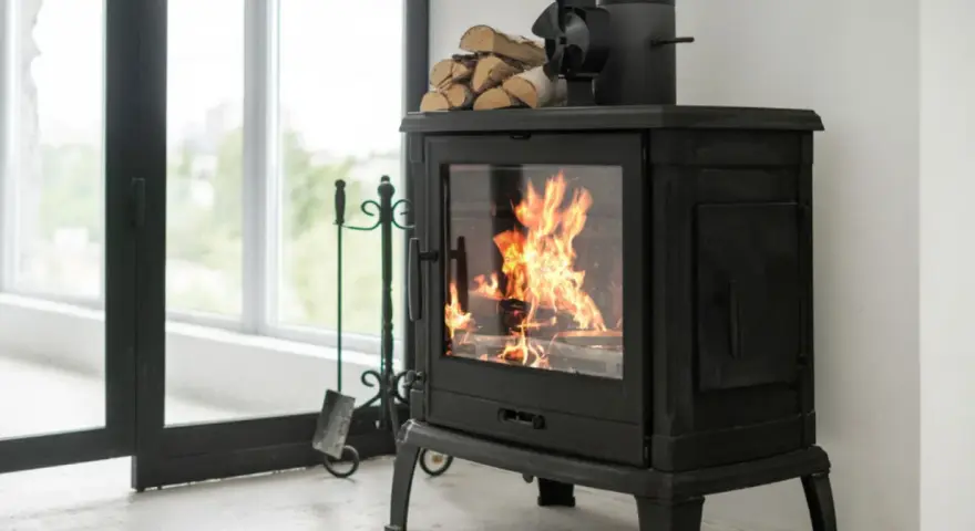 Poêle à bois crépitant, optimisant le pouvoir calorifique du pellet pour une chaleur réconfortante. Un ventilateur et du bois sont prêts à l'emploi.