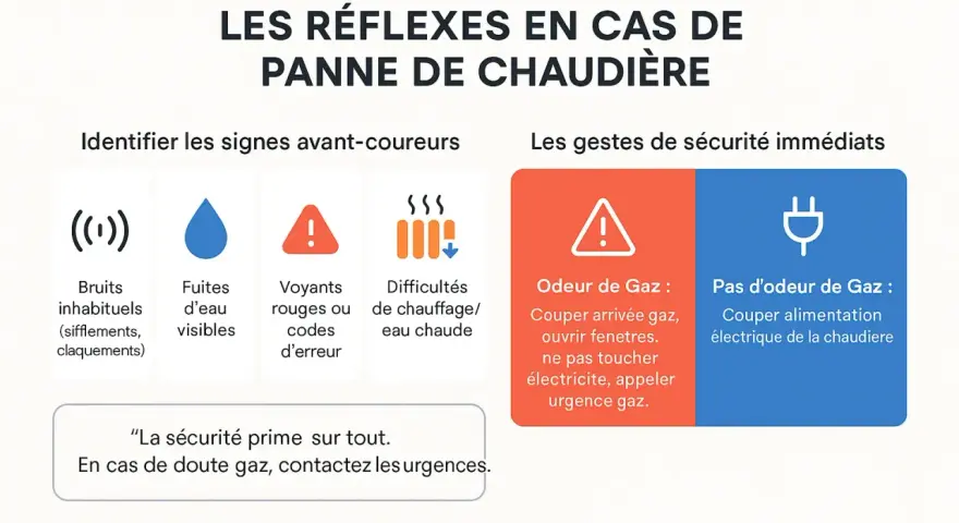 Infographie : signes avant-coureurs et gestes de sécurité en cas de panne de chaudière.