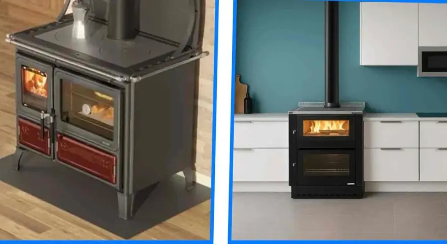 Cuisinière à bois ancienne et moderne dans une cuisine.