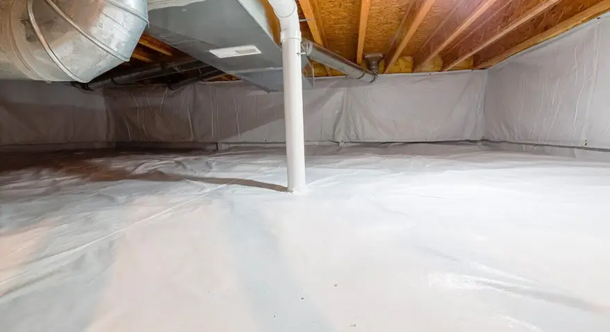 Vide sanitaire isolé avec une bâche blanche au sol et sur les murs, sous un plancher en bois avec des conduits.