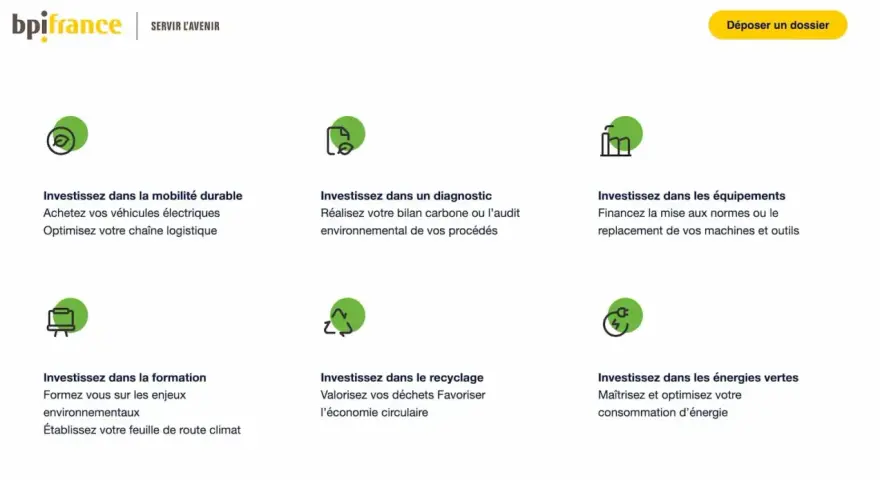 BPI France propose un prêt vert pour financer la mobilité durable, les diagnostics environnementaux, les équipements, la formation, le recyclage et les énergies vertes.