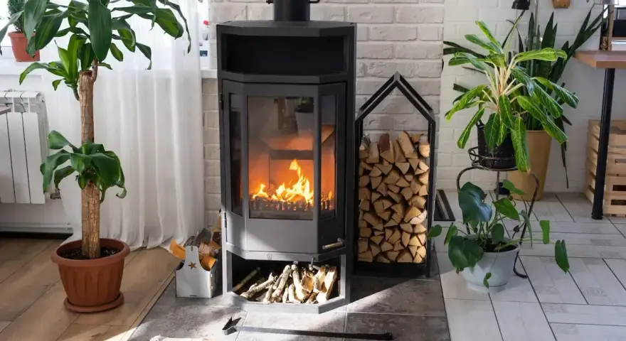 Poêle à bois allumé, entouré de plantes et de bois de chauffage. Une interdiction poêle à bois pourrait être envisagée pour des raisons de sécurité ou de pollution.