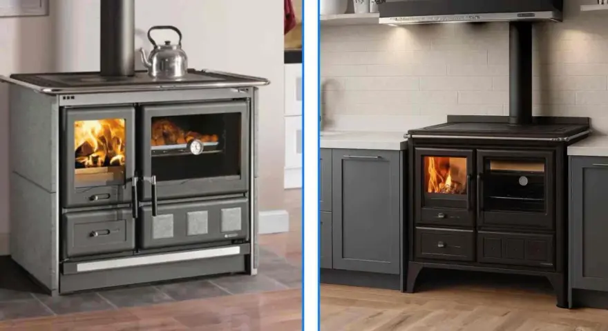 Deux cuisines modernes mettant en vedette des cuisinières à bois élégantes, l'une en pierre grise, l'autre en noir, avec des flammes vives dans le four.