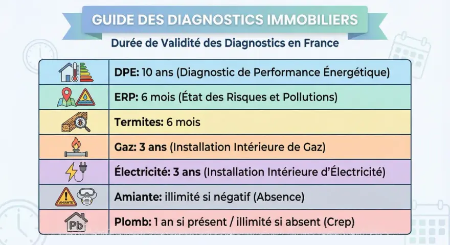 Guide des diagnostics immobiliers : combien de temps dure un diagnostic énergétique (DPE) ? 10 ans. D'autres diagnostics ont des durées plus courtes.