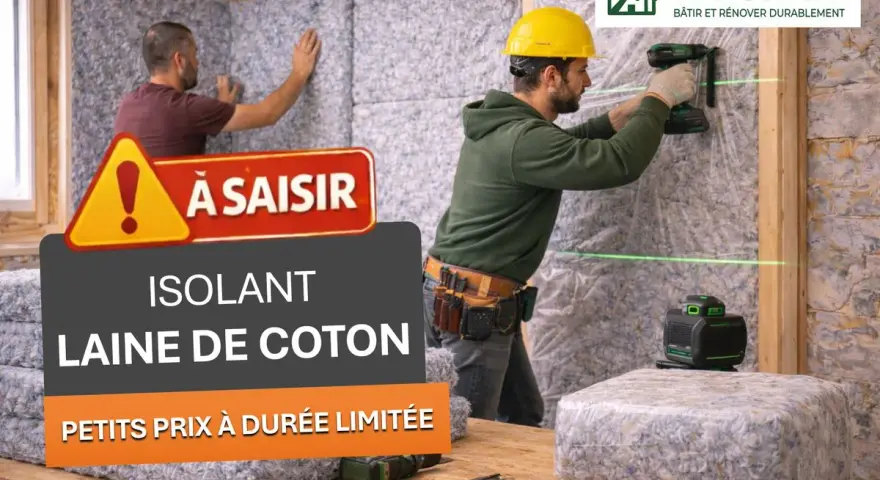 Pose d'isolant en laine de coton recyclé par des ouvriers.