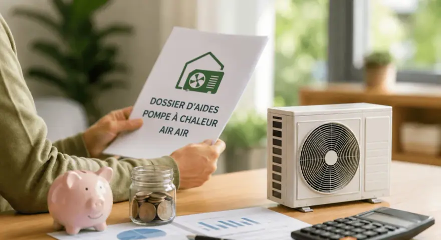 Une personne examine un dossier d'aide pour pompe à chaleur air air, à côté d'un modèle de climatiseur, d'une tirelire et d'une calculatrice.