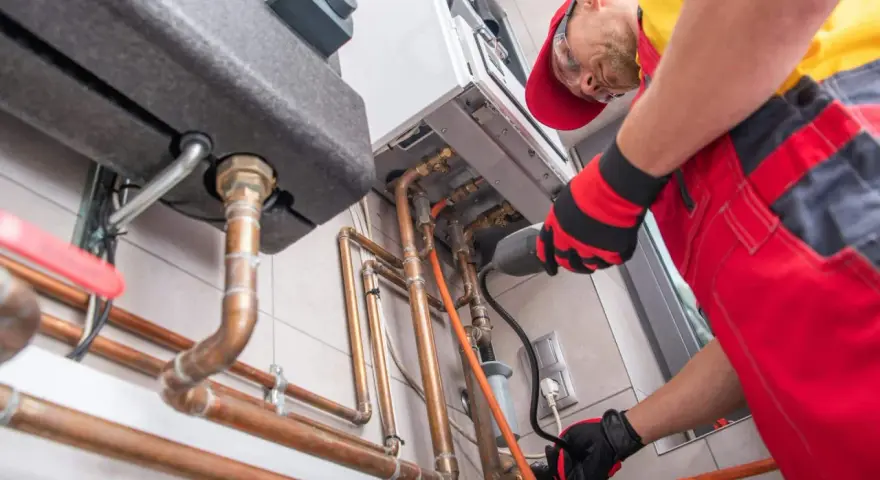 Un technicien installe une chaudière à gaz, une étape clé pour ma prime rénov. Il manipule des tuyaux en cuivre avec soin.
