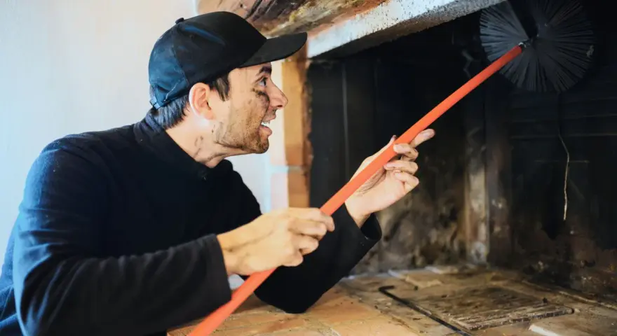 Ramoneur au visage barbouillé de suie utilise une brosse pour nettoyer le conduit d'un poêle à bois, assurant le bon fonctionnement du deflecteur poele a bois.