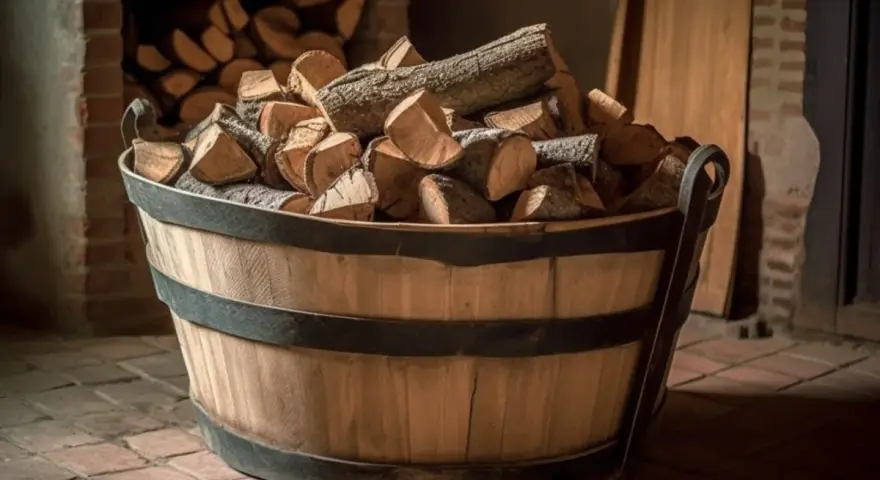 Un seau en bois rempli de bûches de bois de chauffage devant une cheminée.