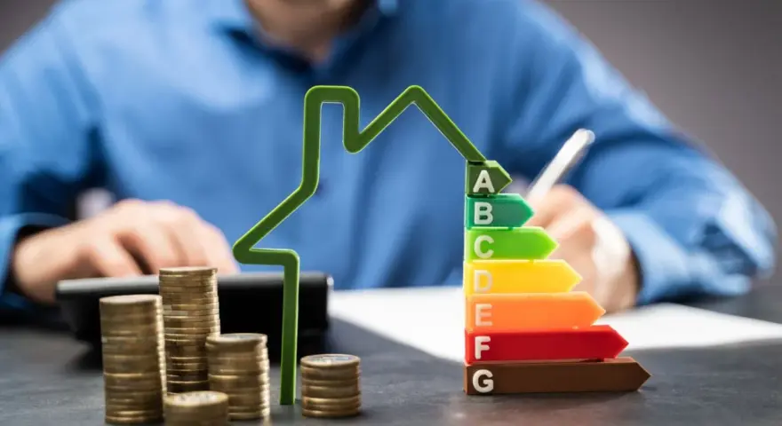 Calcul des conditions pour un prêt avance rénovation. Une maison verte, des pièces et un classement énergétique.