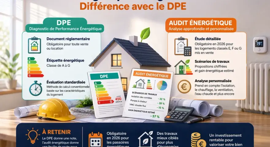 L'audit énergétique obligatoire en 2026 détaille les travaux pour améliorer la performance de votre logement, contrairement au DPE.