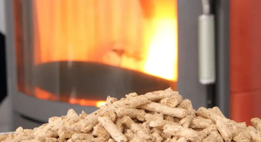 Un tas de granulés de bois attend patiemment devant un poêle à granule en feu. La chaleur réconfortante du feu promet une ambiance chaleureuse.