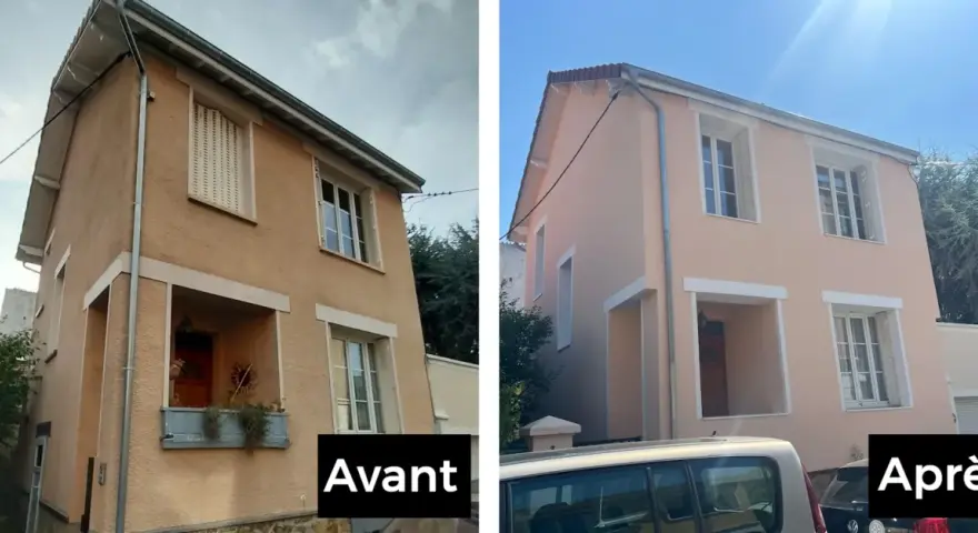 Avant/après : une maison rénovée avec une isolation extérieure moderne, des fenêtres plus claires et une façade rafraîchie.