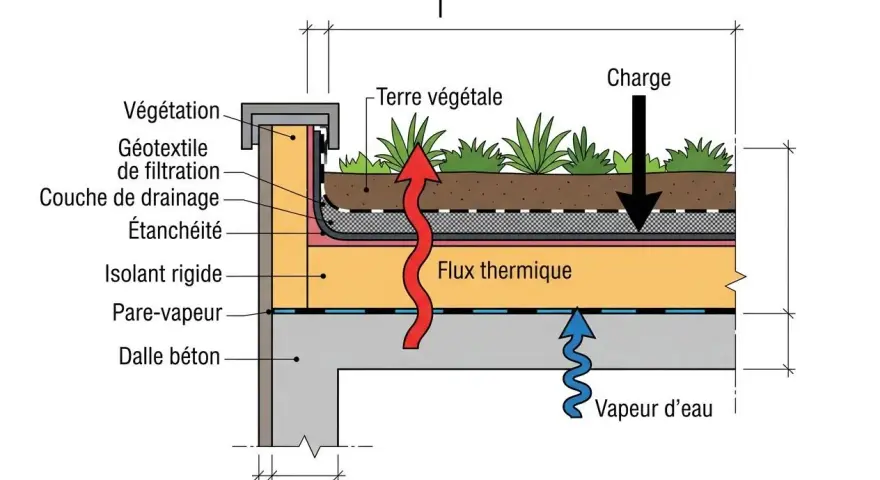 Schéma d'une toiture végétalisée montrant les couches d'isolation et les flux thermiques.