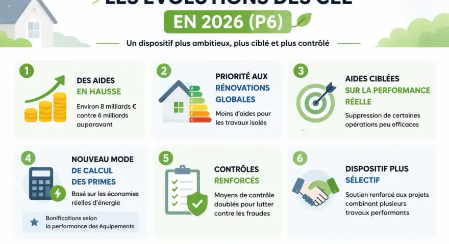 Infographie illustrant les évolutions des CEE en 2026 : aides en hausse, rénovations globales prioritaires, contrôles renforcés.