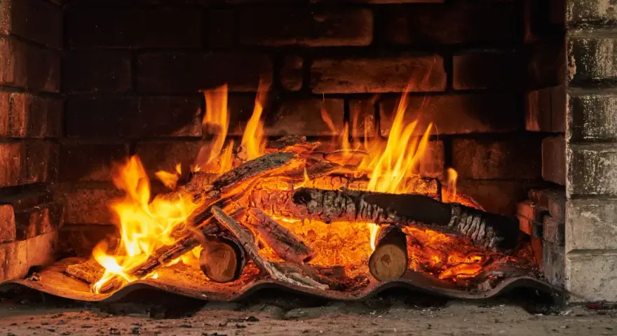 Un feu crépite dans une cheminée, réchauffant des morceaux de chêne bois de chauffage. Les flammes dansent joyeusement.