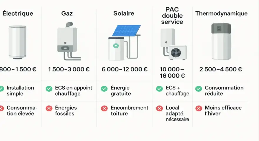 Comparatif des systèmes de chauffage : électrique, gaz, solaire, PAC double service et thermodynamique. Le chauffe eau thermodynamique est une option intéressante pour le dispositif Prime Renov.