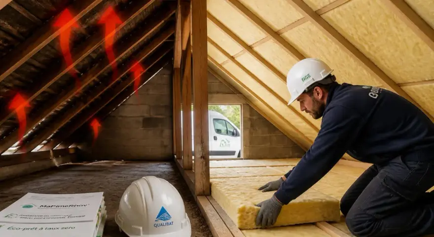 Un ouvrier installe une isolation dans un grenier. Les flèches rouges indiquent la perte de chaleur. Découvrez le prix de l'isolation des combles pour un meilleur confort.
