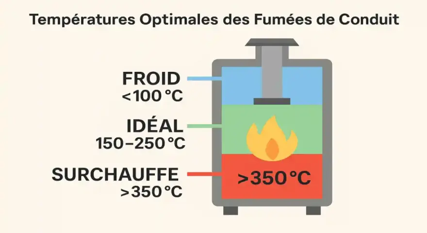 Diagramme montrant les températures idéales pour le rendement d'un poêle à bois : froid (<100°C), idéal (150-250°C) et surchauffe (>350°C).