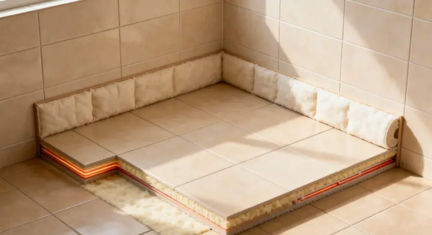 Coupe d'un sol carrelé montrant l'isolation sous carrelage avec un système de chauffage intégré, pour un confort optimal.