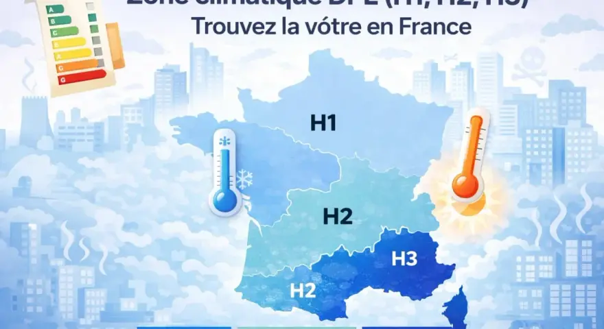 Carte de France divisée en zones climatiques DPE : H1 (Froid), H2 (Tempéré) et H3 (Chaud).
