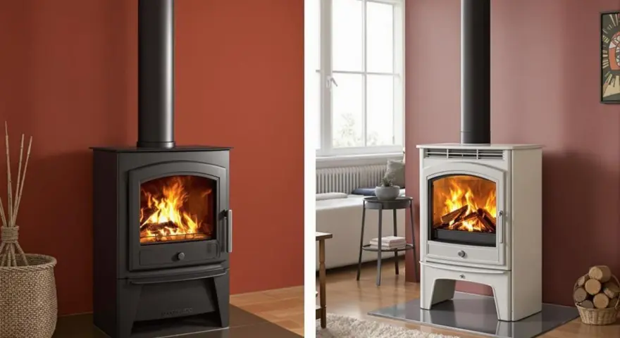 Poêles à bois en acier noir et en fonte blanche, avec flammes vives.