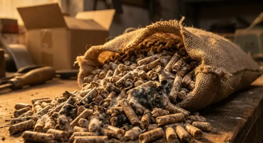 Sac de granulés de bois renversé sur un établi, prêt pour le stockage dans un garage.