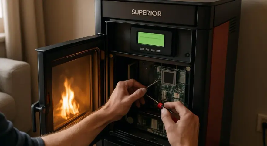 Mainteneur travaillant sur la carte mère d'un poêle à granulés, peut-être pour résoudre un code erreur poêle à granulés. Flammes visibles dans le foyer.