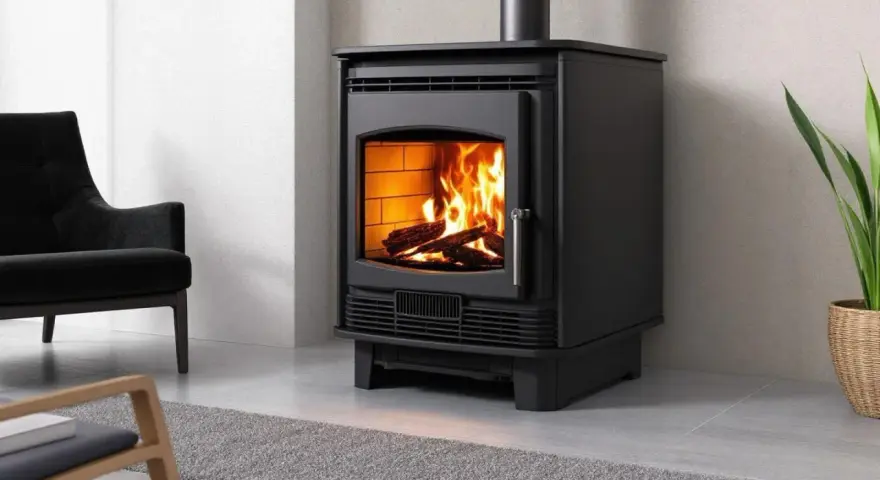 Poêle à bois moderne, flammes vives réchauffant la pièce. Les granulés ne tombent plus, juste du bois qui crépite. Un fauteuil noir et une plante verte complètent la scène.