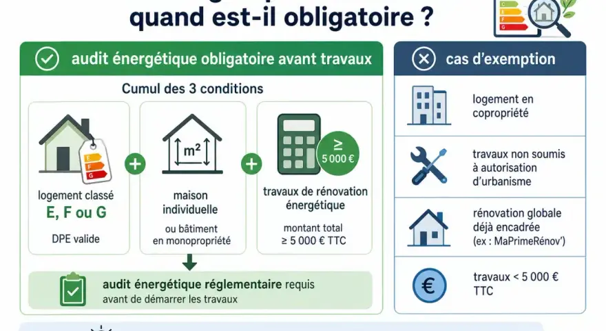 Schéma expliquant quand un audit énergétique est obligatoire avant travaux : conditions (logement E, F ou G, maison individuelle, travaux ≥ 5000€) et cas d'exemption.