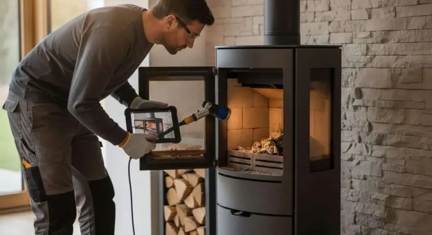 Un technicien examine un poêle à granulés Cadel avec une tablette, peut-être pour diagnostiquer un problème.